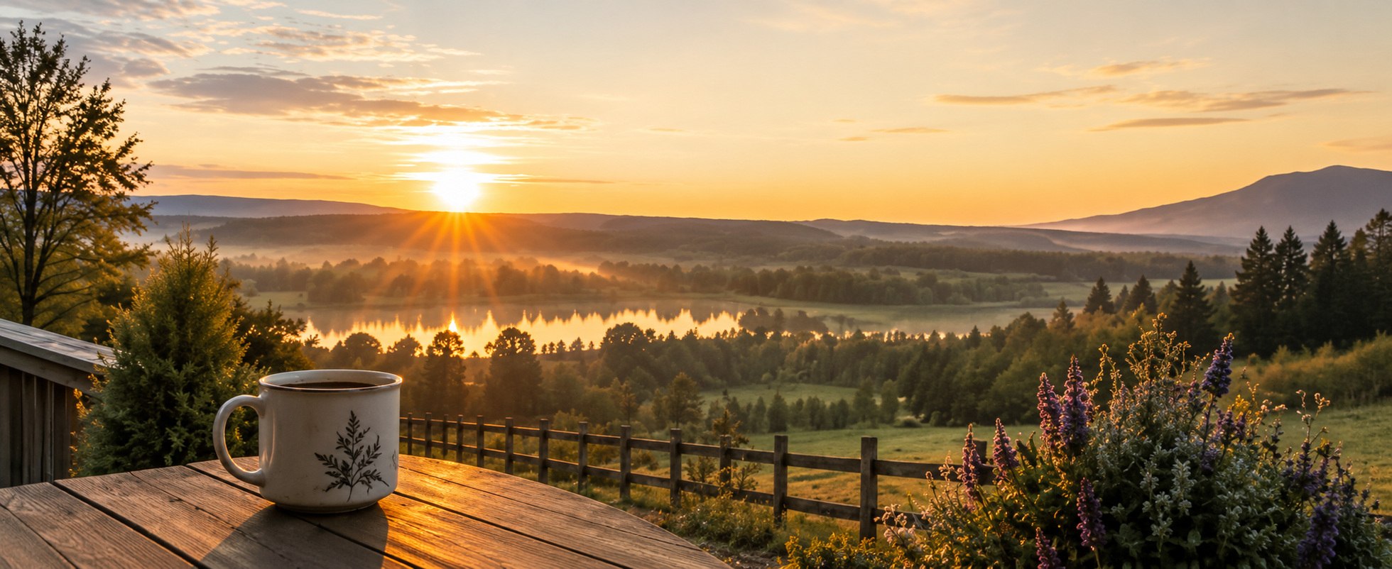 Coffee mug on a wooden table at sunrise overlooking a valley